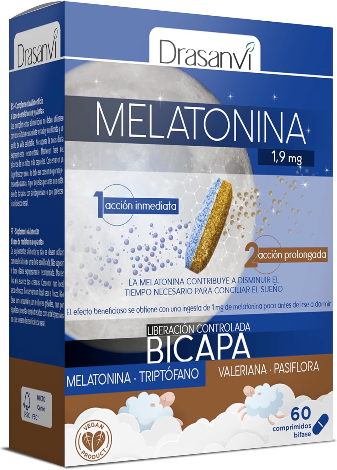 Drasanvi Melatonina Bicapa 1,9 mg con Triptófano, Pasiflora y Valeriana 60 Comprimido