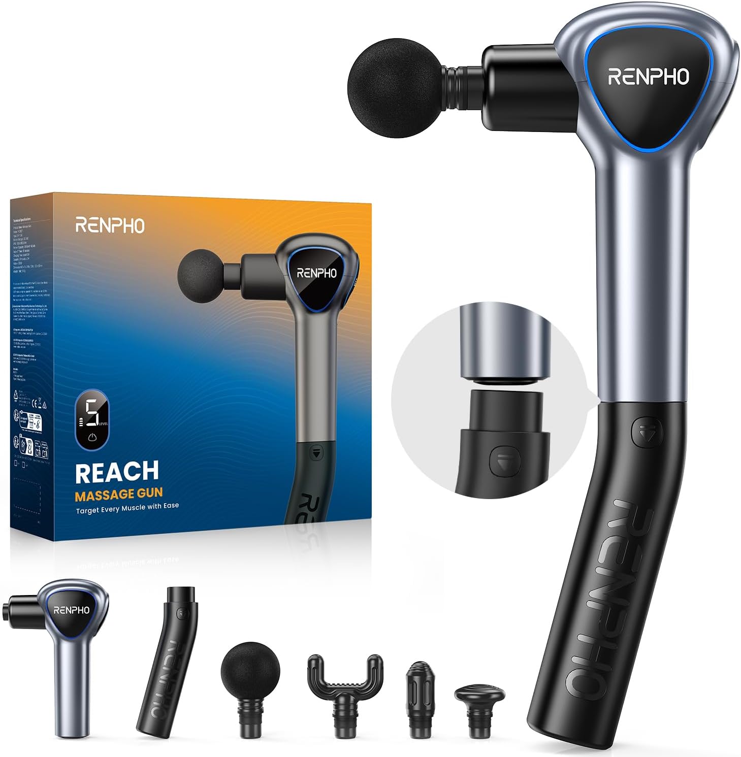 Renpho Reach Pistola de Masaje Mango Extensible Gris