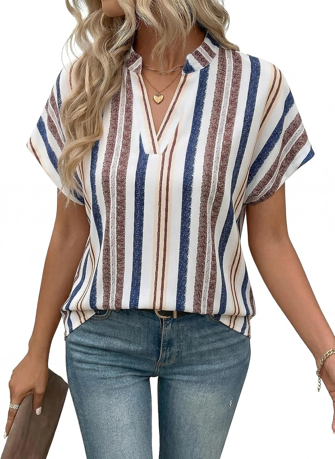 Fashora Camisa Mujer Manga Corta Cuello en V a Rayas
