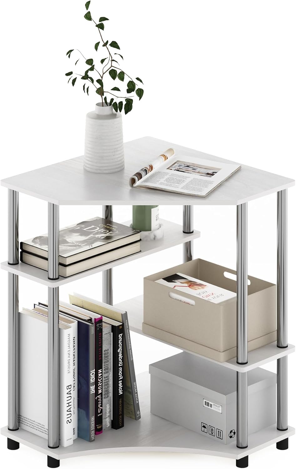 Furinno Turn-N-Tube Escritorio Esquinero Roble Blanco y Acero Inoxidable