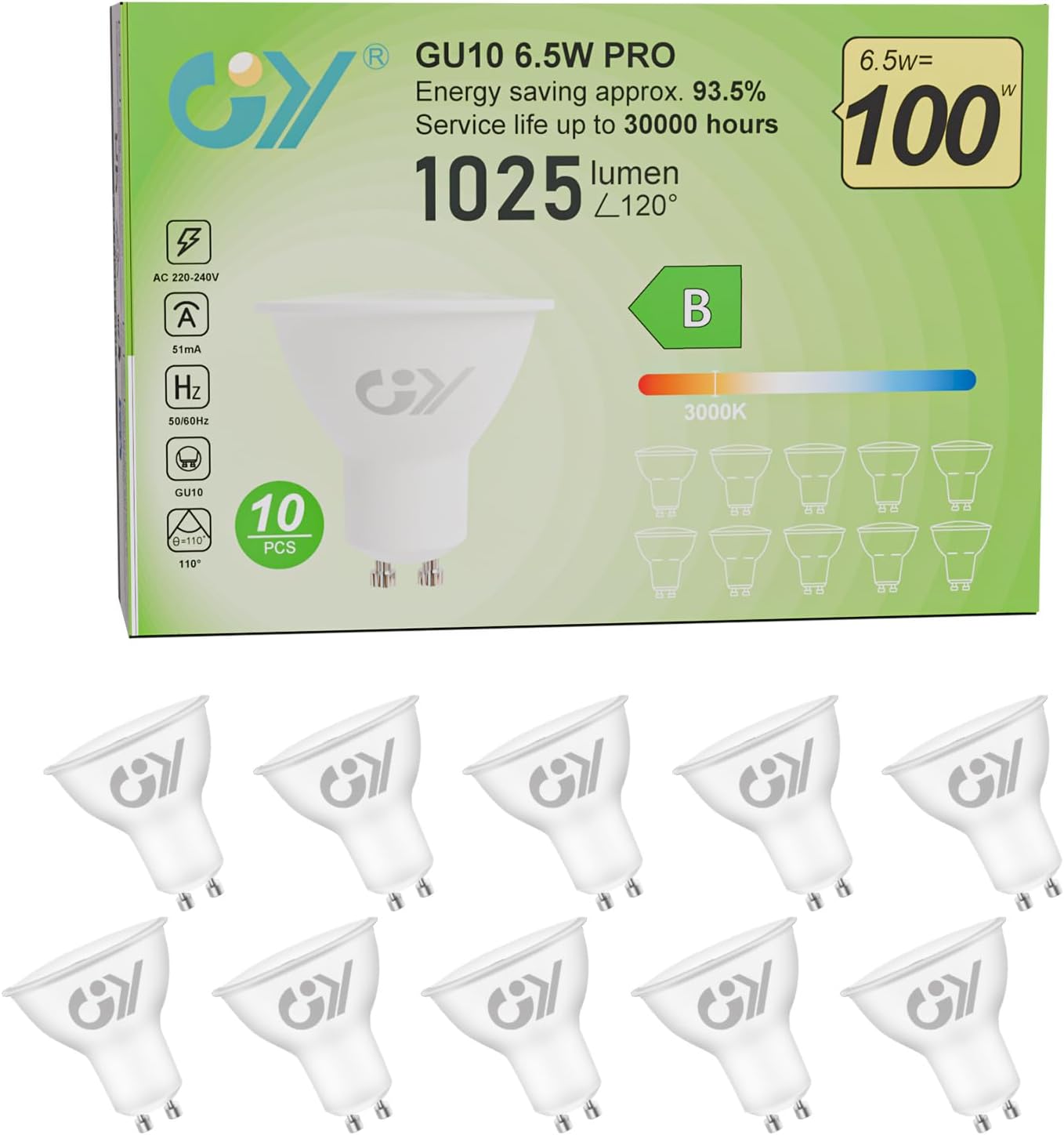 Pack 10 GY Bombilla LED GU10 6.5W