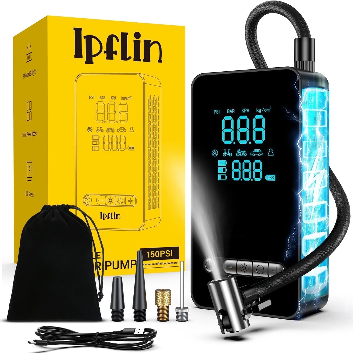 Ipflin Compresor Aire Portátil 150PSI Con Linterna