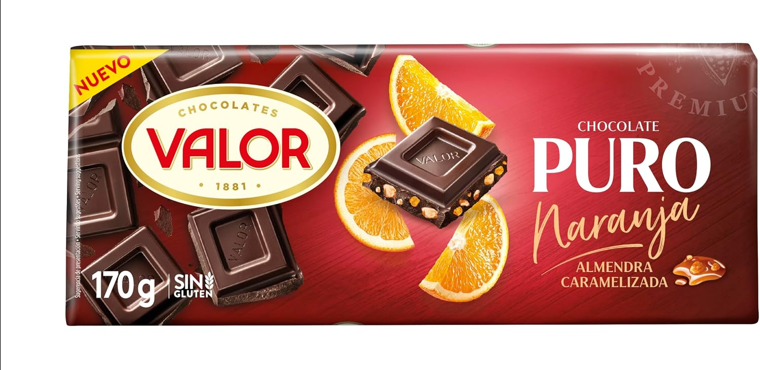 Valor Chocolate Puro con Naranja y Almendras Caramelizadas 170g