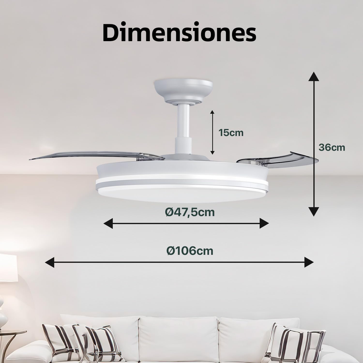 Leduni Ventilador de Techo con Luz Palas Retráctiles