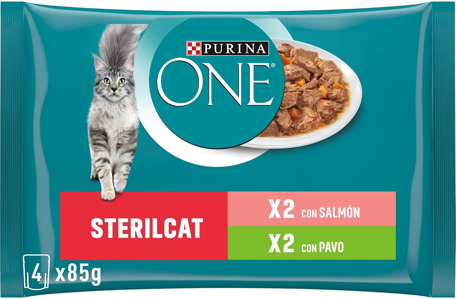 Pack 48 Purina ONE Comida Húmeda Gato Adulto Esterilizado Salmón y Pavo 85g