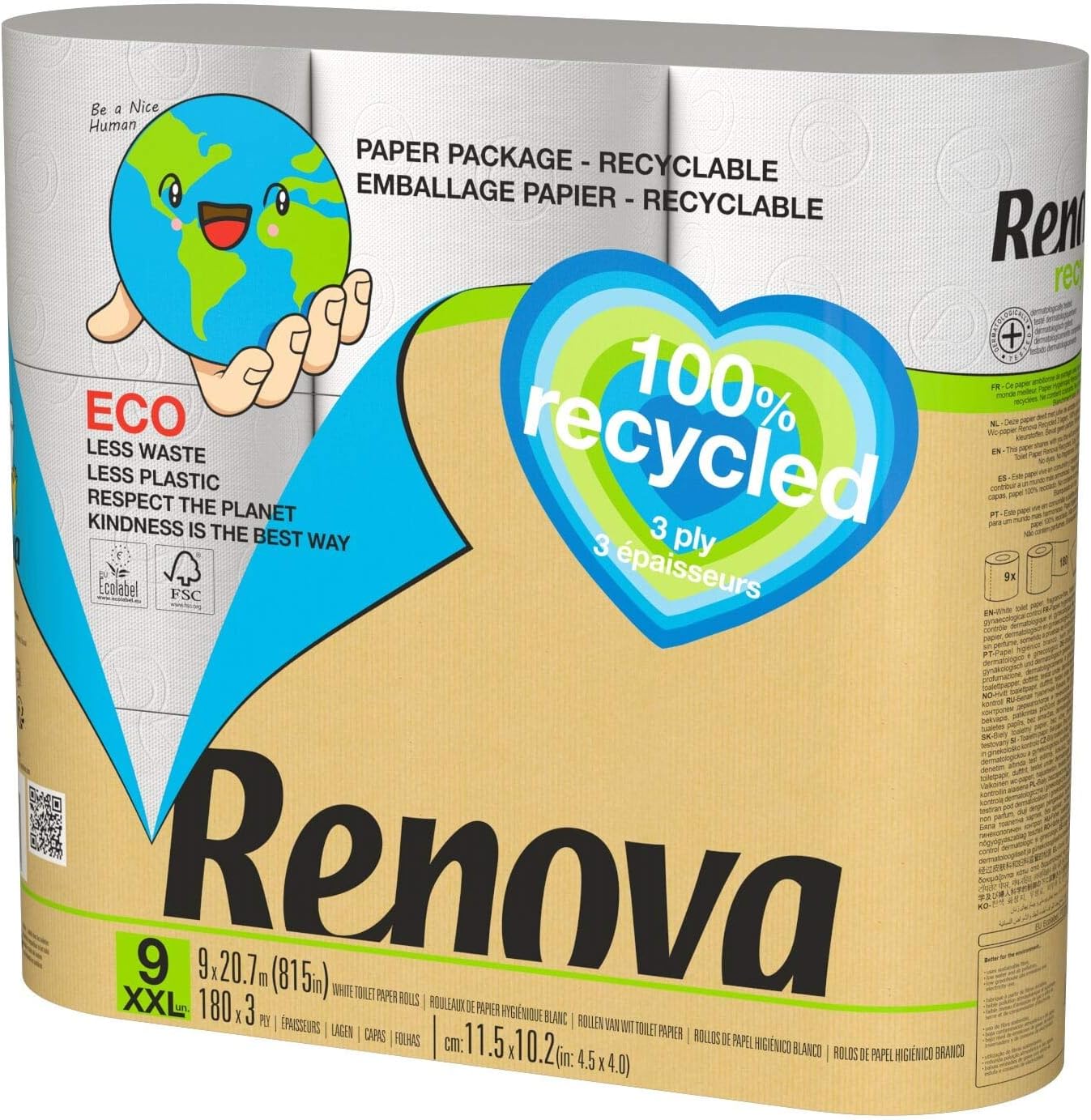 Renova - 9 rollos de papel higiénico reciclado | Sin plásticos | Certificados FSC® y 