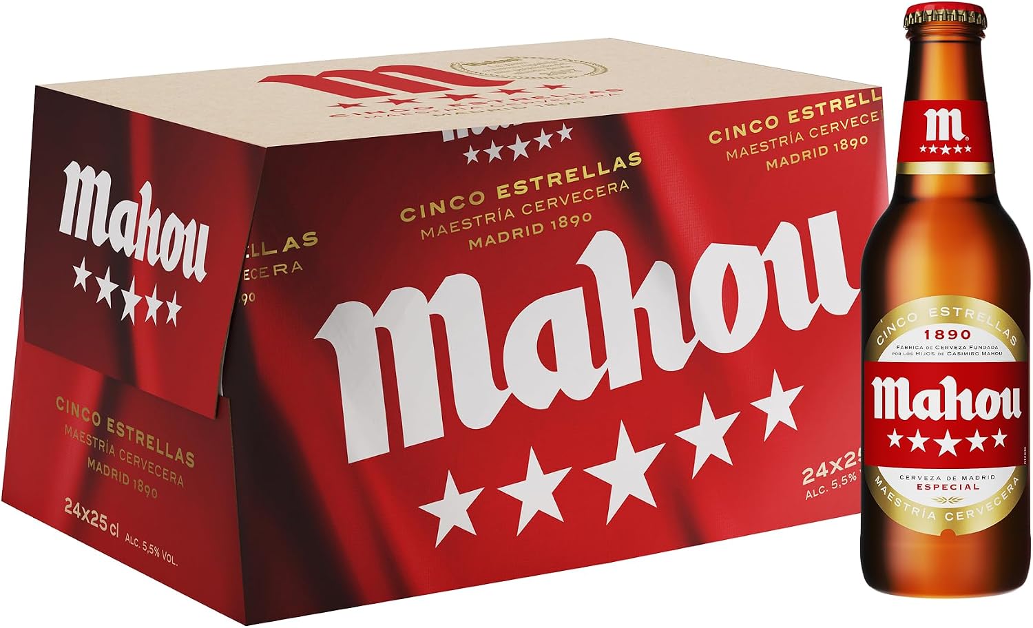 Mahou 5 Estrellas - Pack de 24 botellas de cerveza especial dorada lager