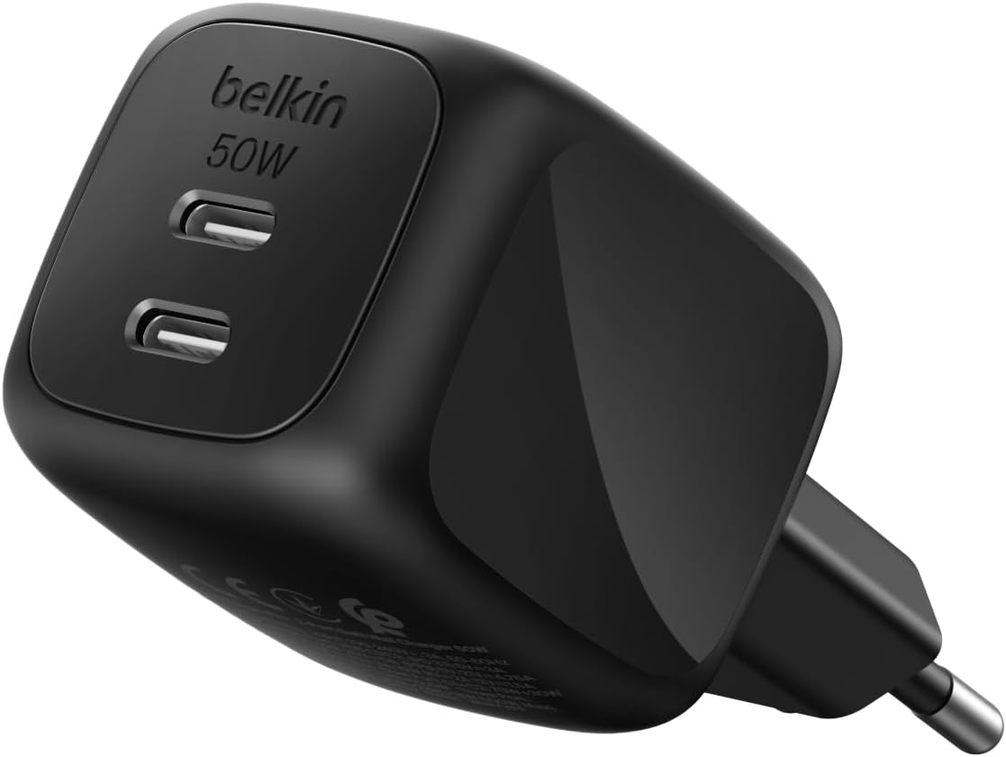 Cargador USB-C de Alta Potencia Belkin 50W con Doble Salida, Carga Rápida y Tecnologí