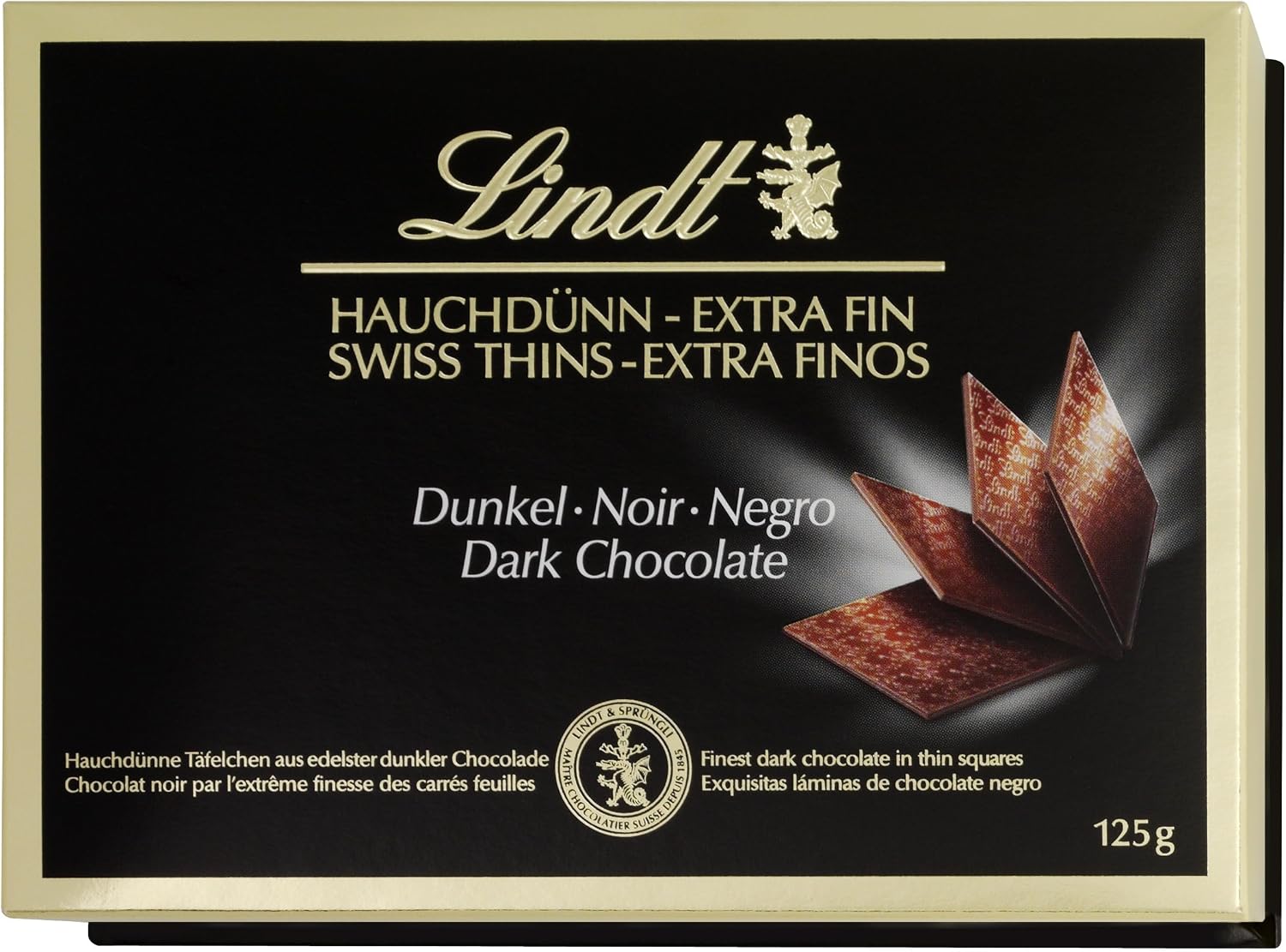 Lindt Swiss Thins chocolate negro suave e intenso, laminas de chocolate extrafinas, c