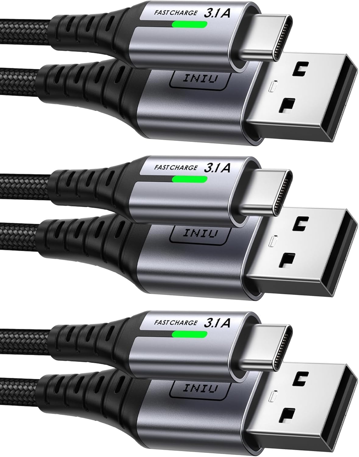 Pack de 3 Cables Trenzados USB Tipo C 3.1A Carga Rápida + Indicador LED