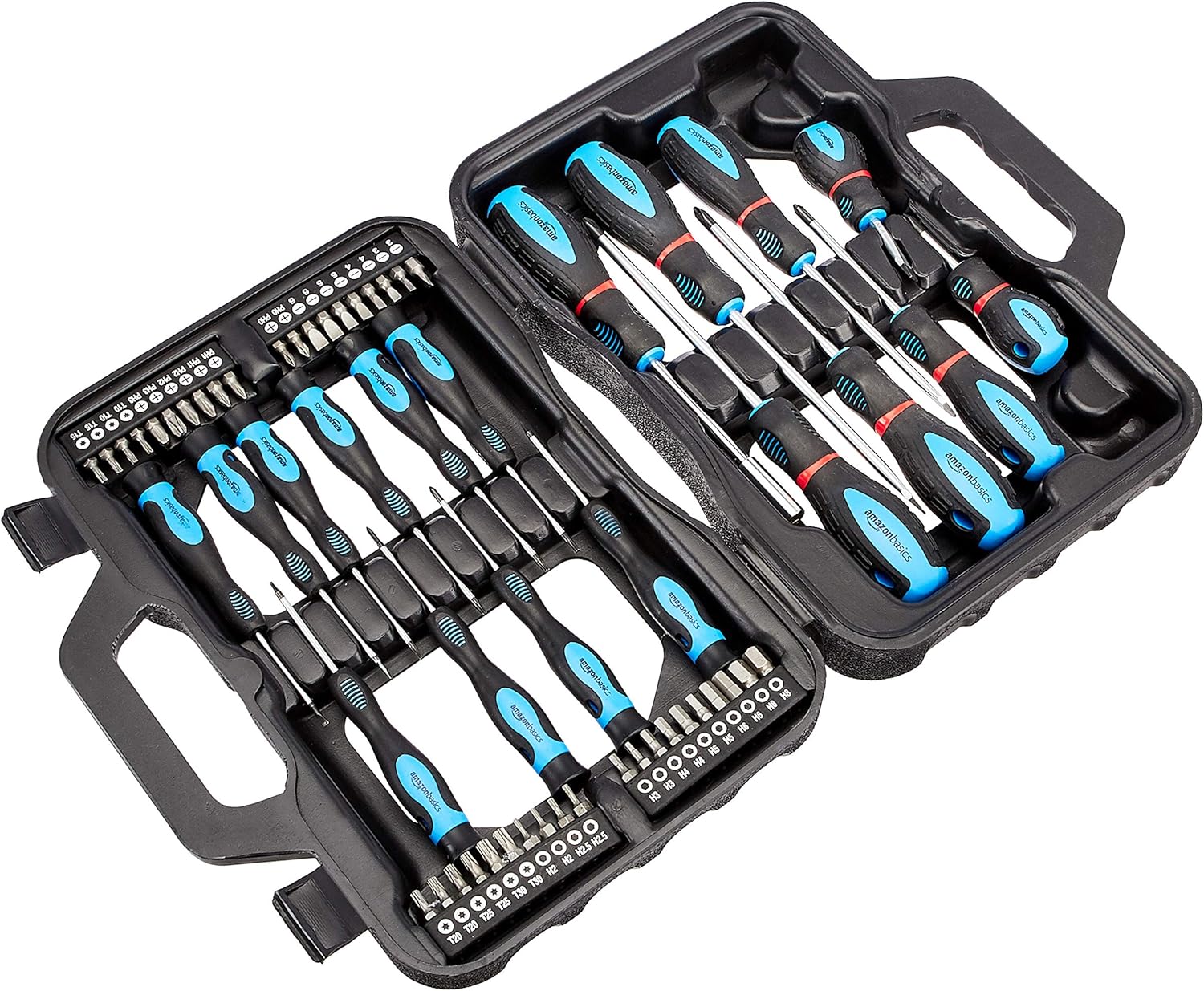 Amazon Basics Set de destornillador, ranurados de precisión Phillips, Torx, Negro, 58