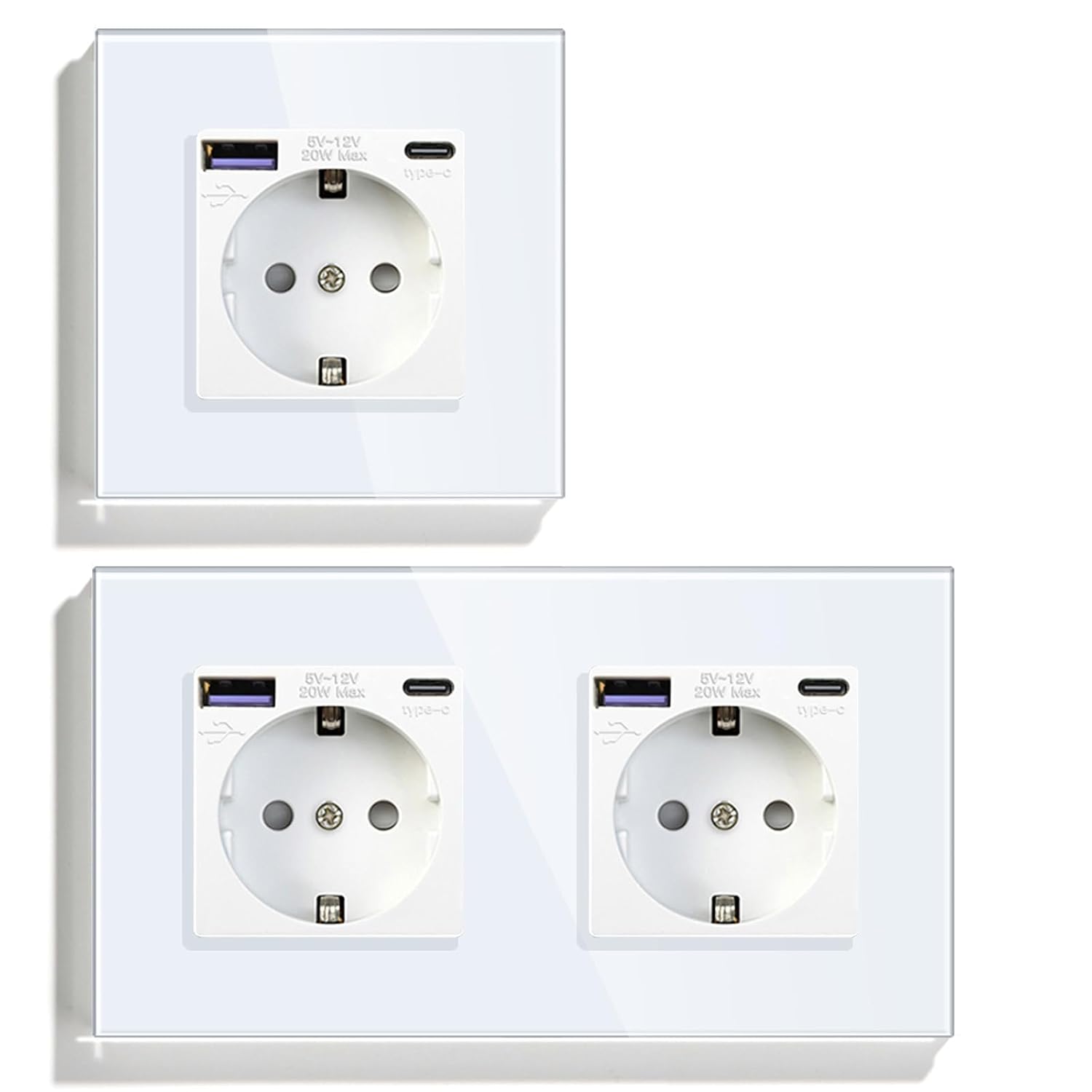 BSEED Schuko USB C 20W Pack, 1 x 1 Gang Enchufe + 1 x 2 Gang Enchufe, Toma de Corrien