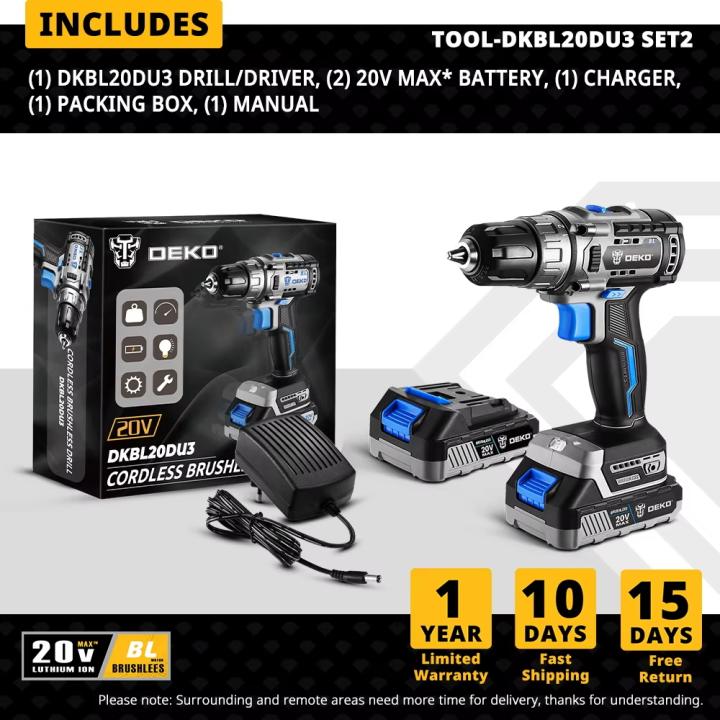 DEKO Kit Combinado de Taladro Inalámbrico, Destornillador Eléctrico, Llave de Impacto