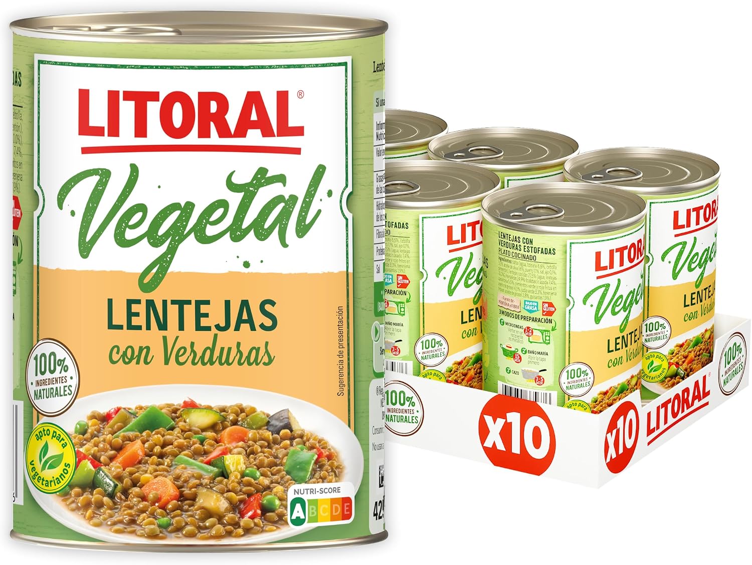 LITORAL Vegetal Lentejas con Verduras - Plato Preparado Sin Gluten - Paquete de 10x42