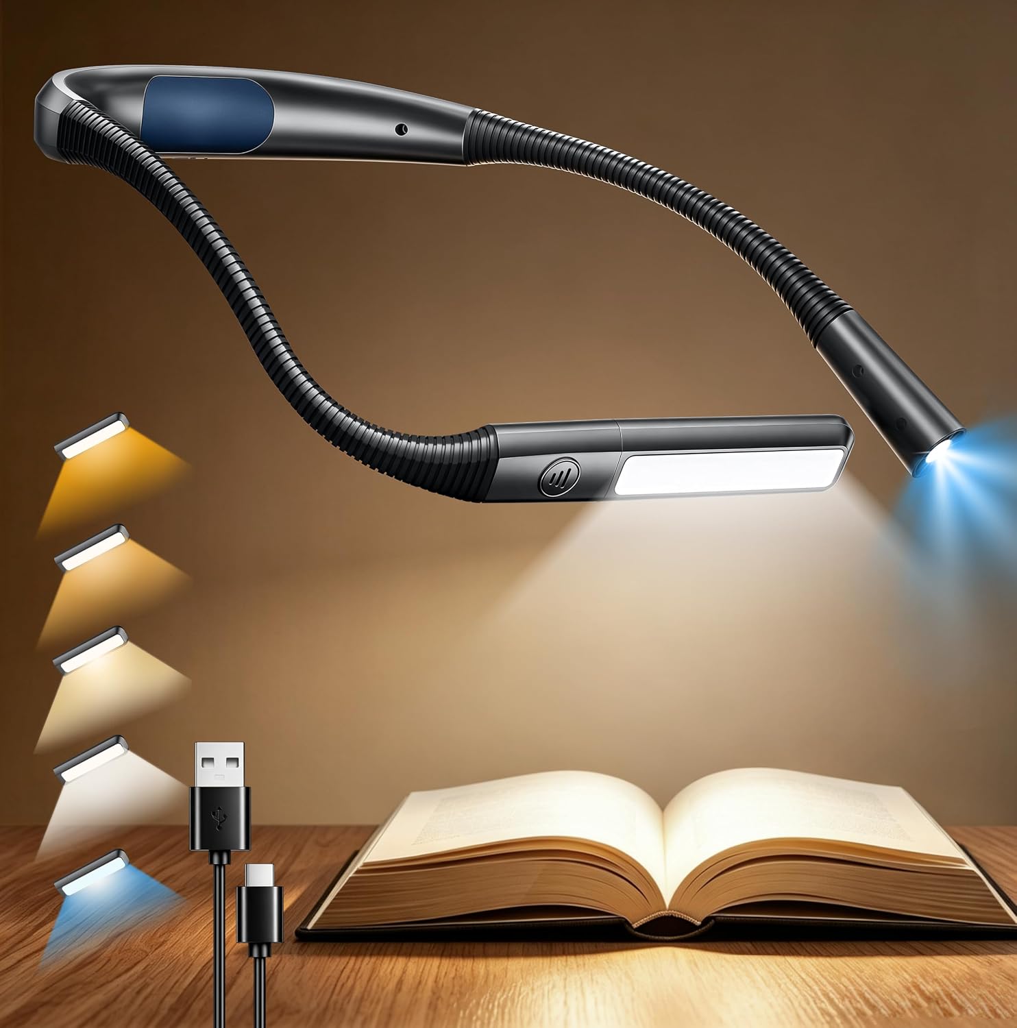 Glocusent Luz de Lectura Recargable, Lampara Cuello | 5 colores y brillo regulable, L