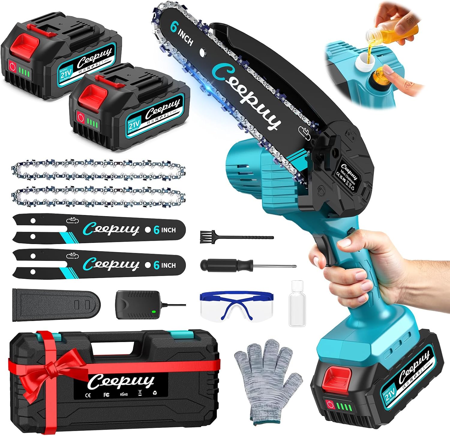 Mini Motosierra Batería 6 Pulgadas 2×4000mAh, Sierra Eléctrica Inalámbrica con Depósi
