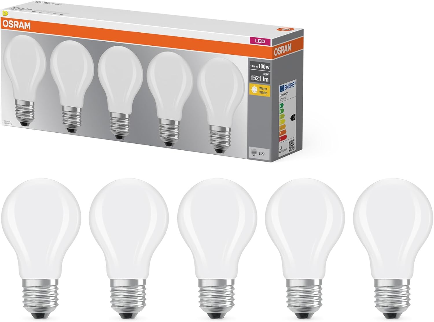 Pack 5 Osram Bombillas LED E27 Equivalente a 100W