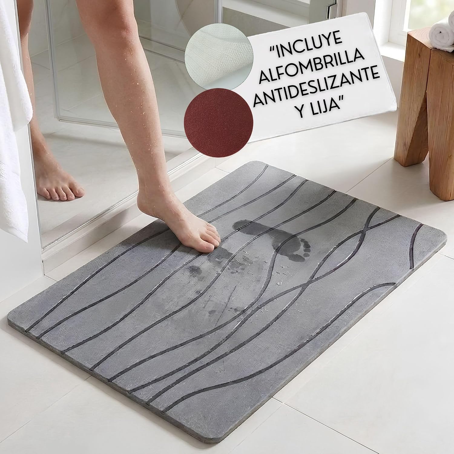 Alfombra de Baño de Diatomita POPYS Armonía Gris 60 × 40 cm
