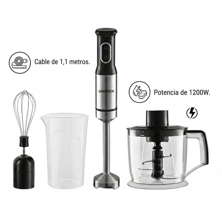 GAVATECH Batidora de Mano 1200W – Kit 3 en 1 con Picadora de 800ml, Varilla Batidora 
