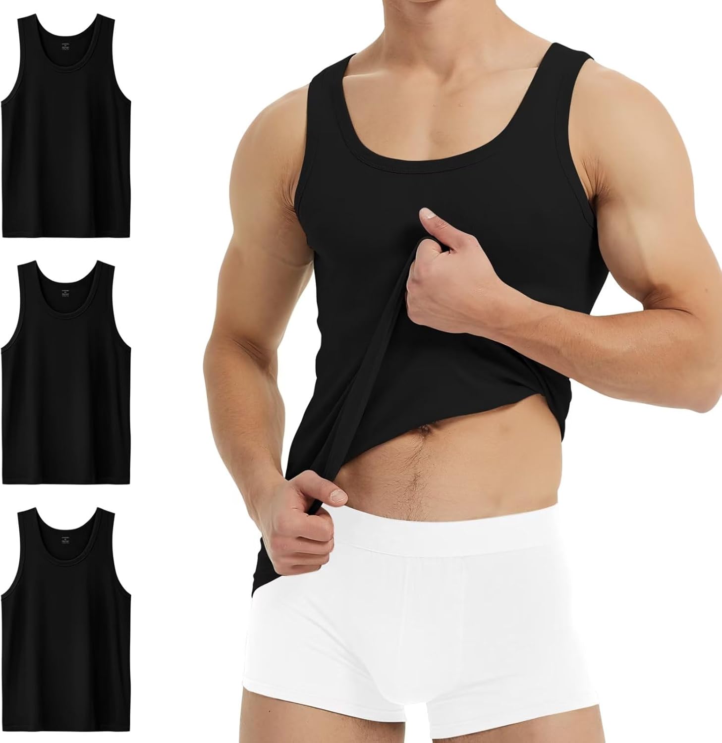 YouShow Camiseta Hombre Algodón Negra Camisetas Tirantes Pack de 3 Camisetas sin Mang