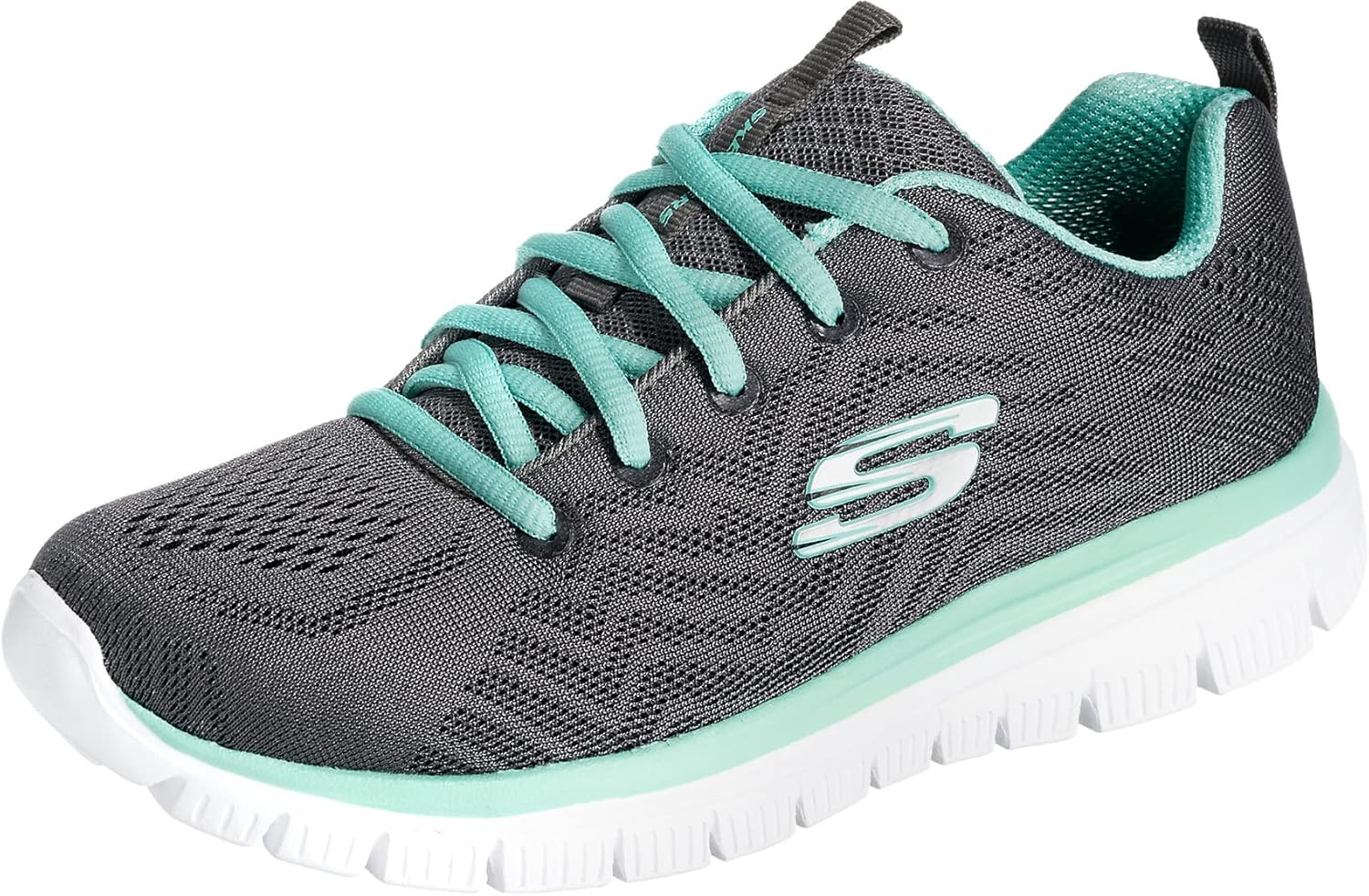 Skechers Graceful Get Connected Regular, Zapatillas Mujer, Charcoal Mesh Green Trim, 