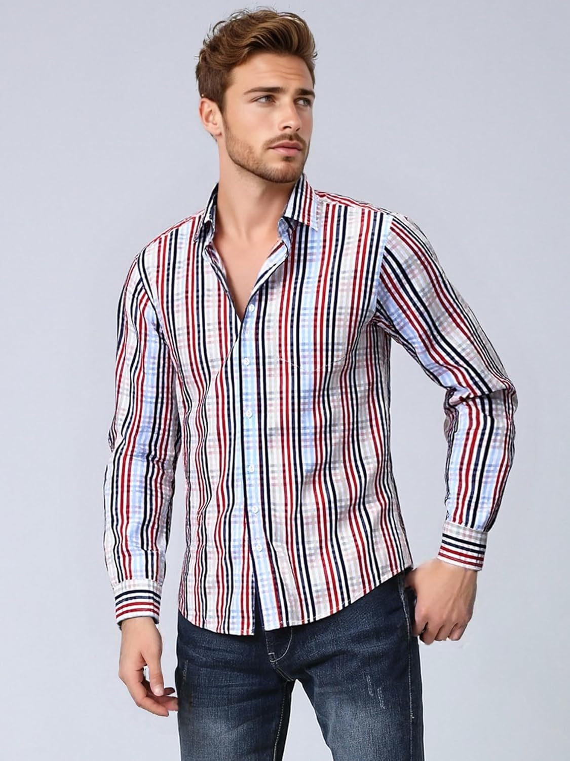 Camisa Casual de algodón 100% a Cuadros para Hombre, Cuadros #8, Medium 🇪🇸
