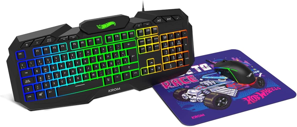 KROM Kit teclado, ratón y alfombrilla edición Hot Wheels KUSTOM- Teclado membrana RGB