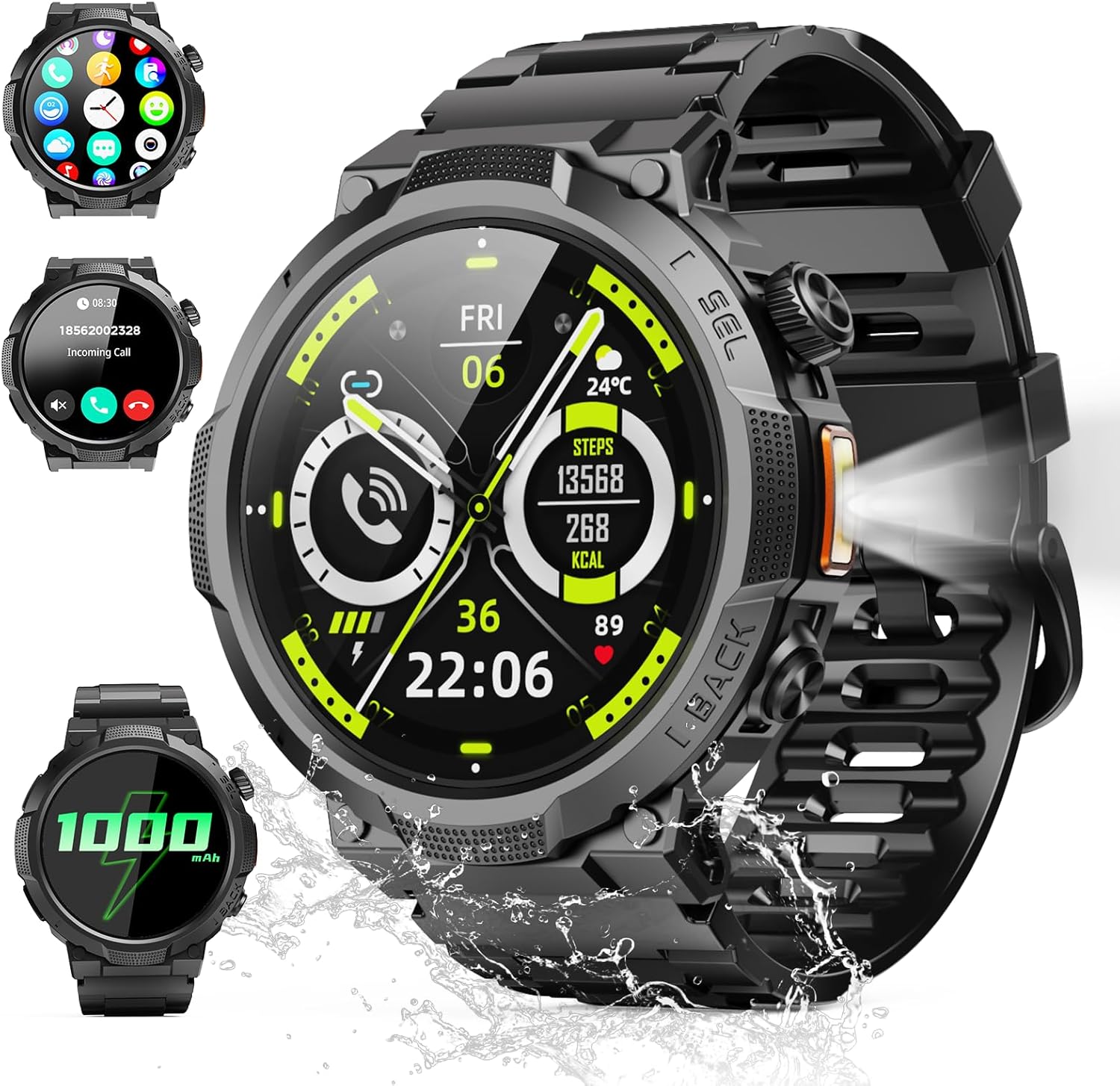 Reloj Inteligente Hombre con Linterna, 1.53» Militar Smartwatch con Batería de 1000mA