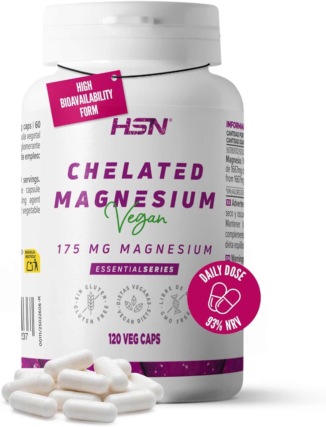 HSN Magnesio Bisglicinato 350mg (Mineral Elemental por dosis diaria) | 120 Cápsulas V