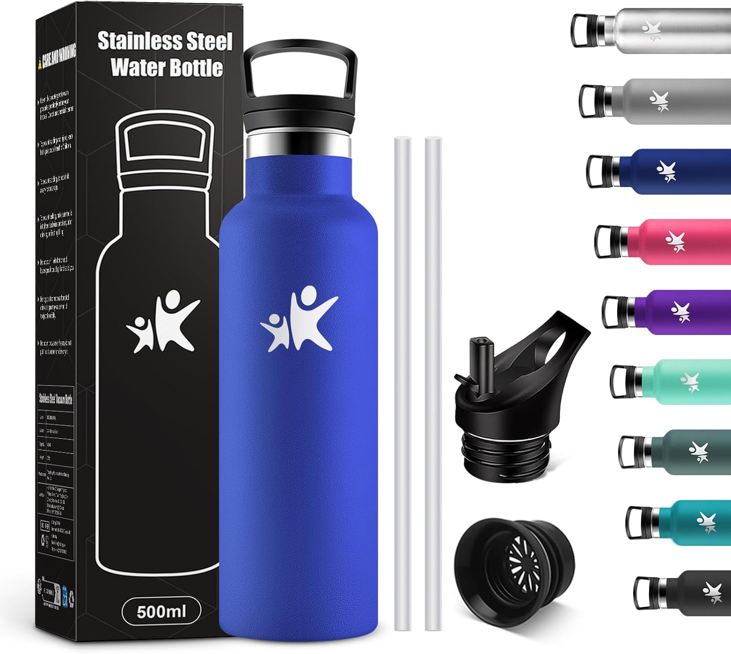 KollyKolla Botella Termica 500ml, Botella con Pajita, Cantimplora Termo con Doble Ais
