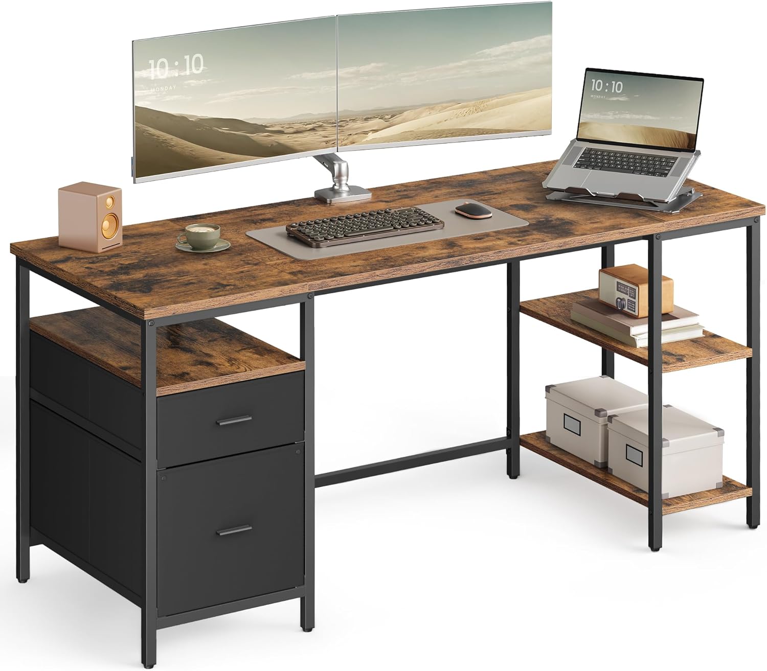 VASAGLE Escritorio, Mesa de Ordenador, Mesa de Oficina, con 3 Estantes, 2 Cajones, 60