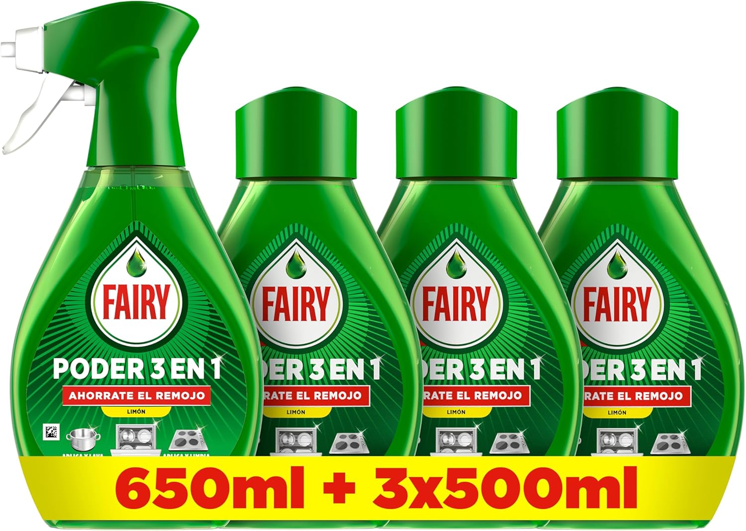 Fairy Pack Poder Sin Remojo Limón Spray 650ml   3 Recambios 500ml, Antigrasa y Limpie