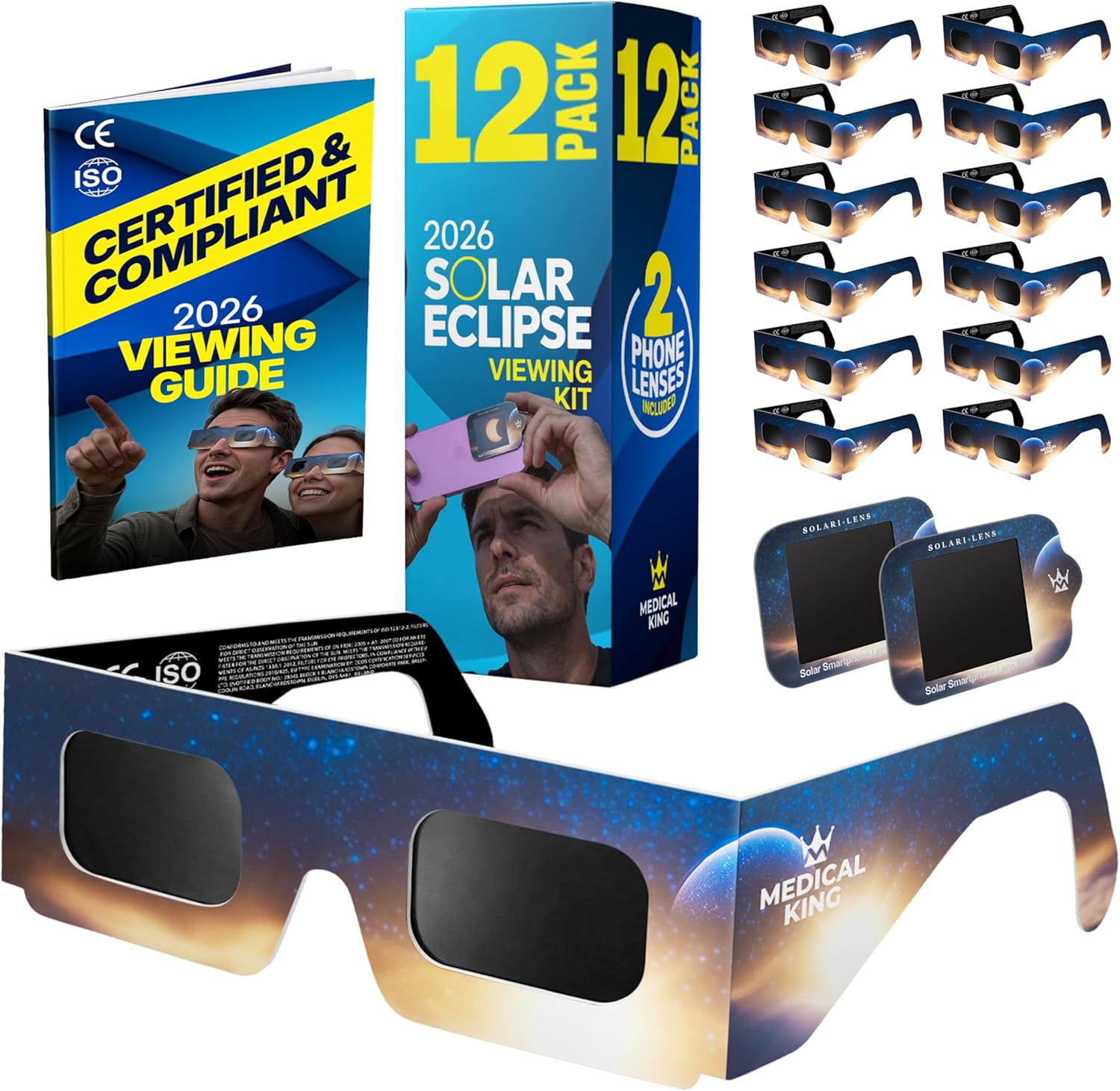 Gafas Eclipse Solar Homologadas Paquete de 12 Con 2 lentes fotográficos para smartpho