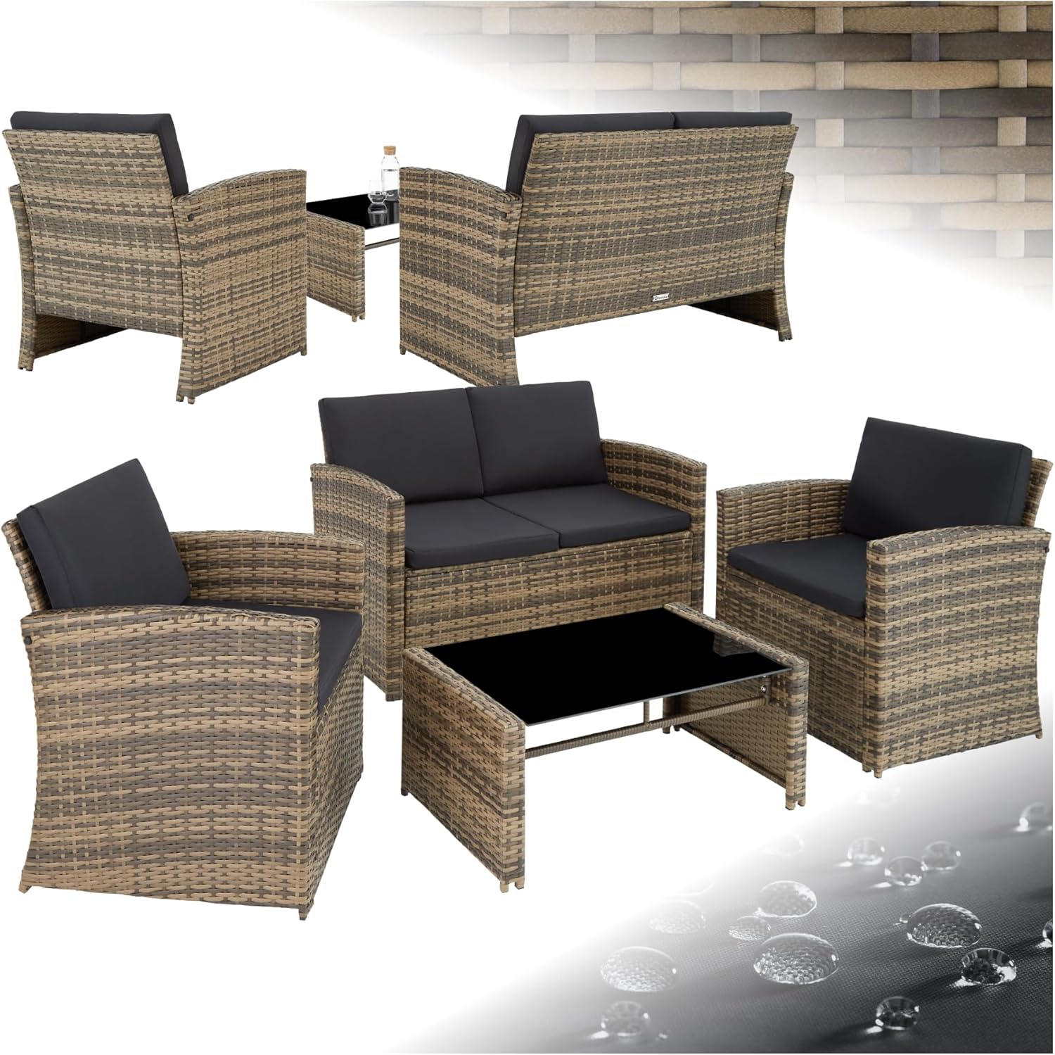 tectake® Conjunto Jardín de Ratán y Acero, Muebles Jardín Exterior, 2 Sillones 1 Sofá