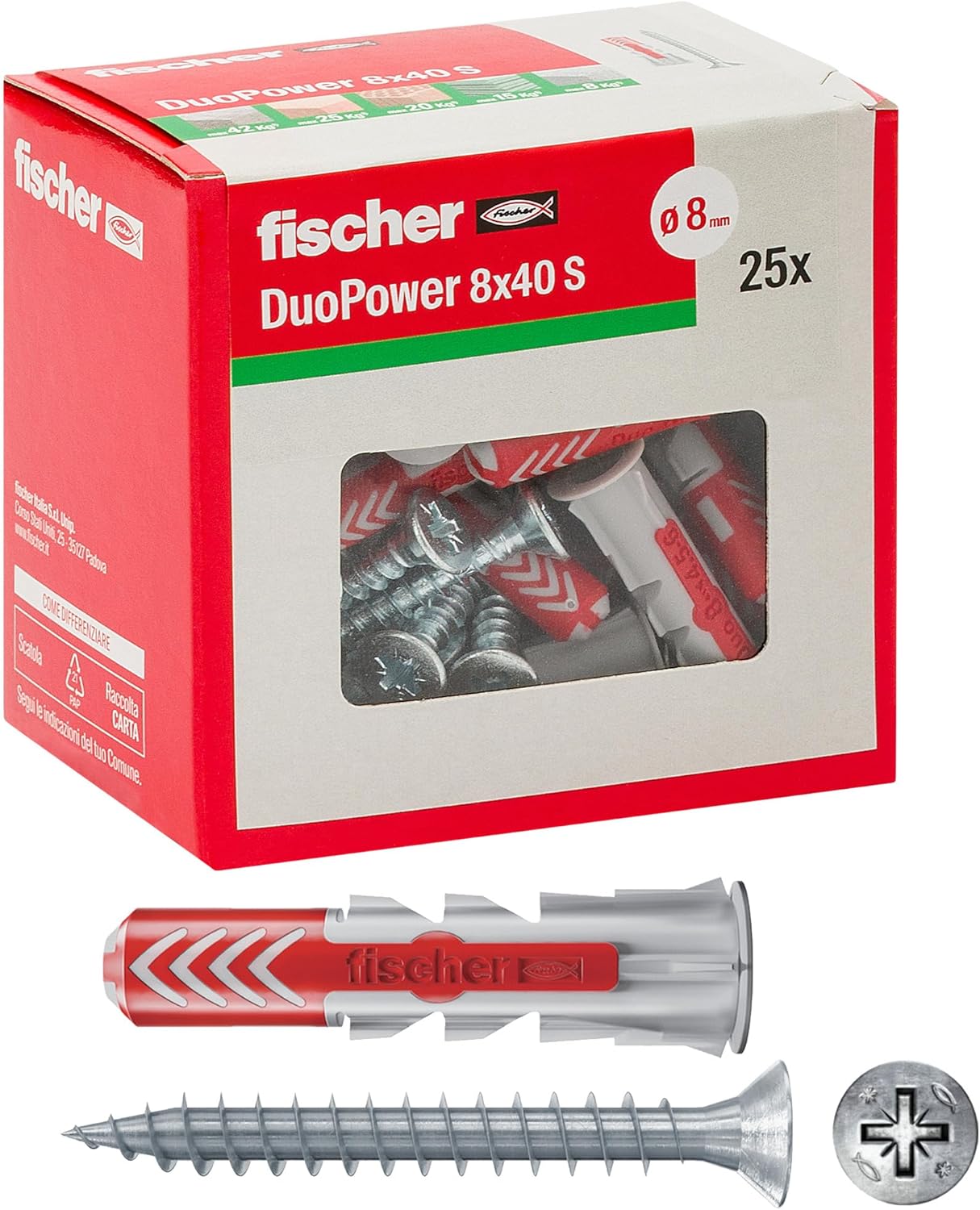 Fischer Duopower 544016 – Tacos con tornillo, 8 x 40 mm, para pared completa, ladrill