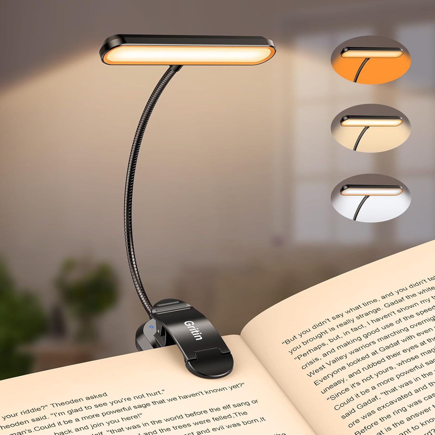 Gritin 19 LED Luz de Lectura, 360° Flexible Ajustable Lámpara de Lectura Recargable, 