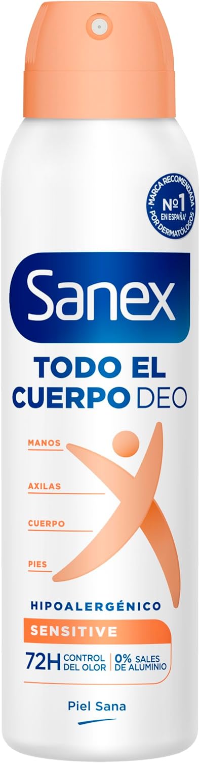 Sanex Spray Todo el Cuerpo Deo Sensible 150ml, Desodorante Manos, Axilas, Cuerpo y Pi