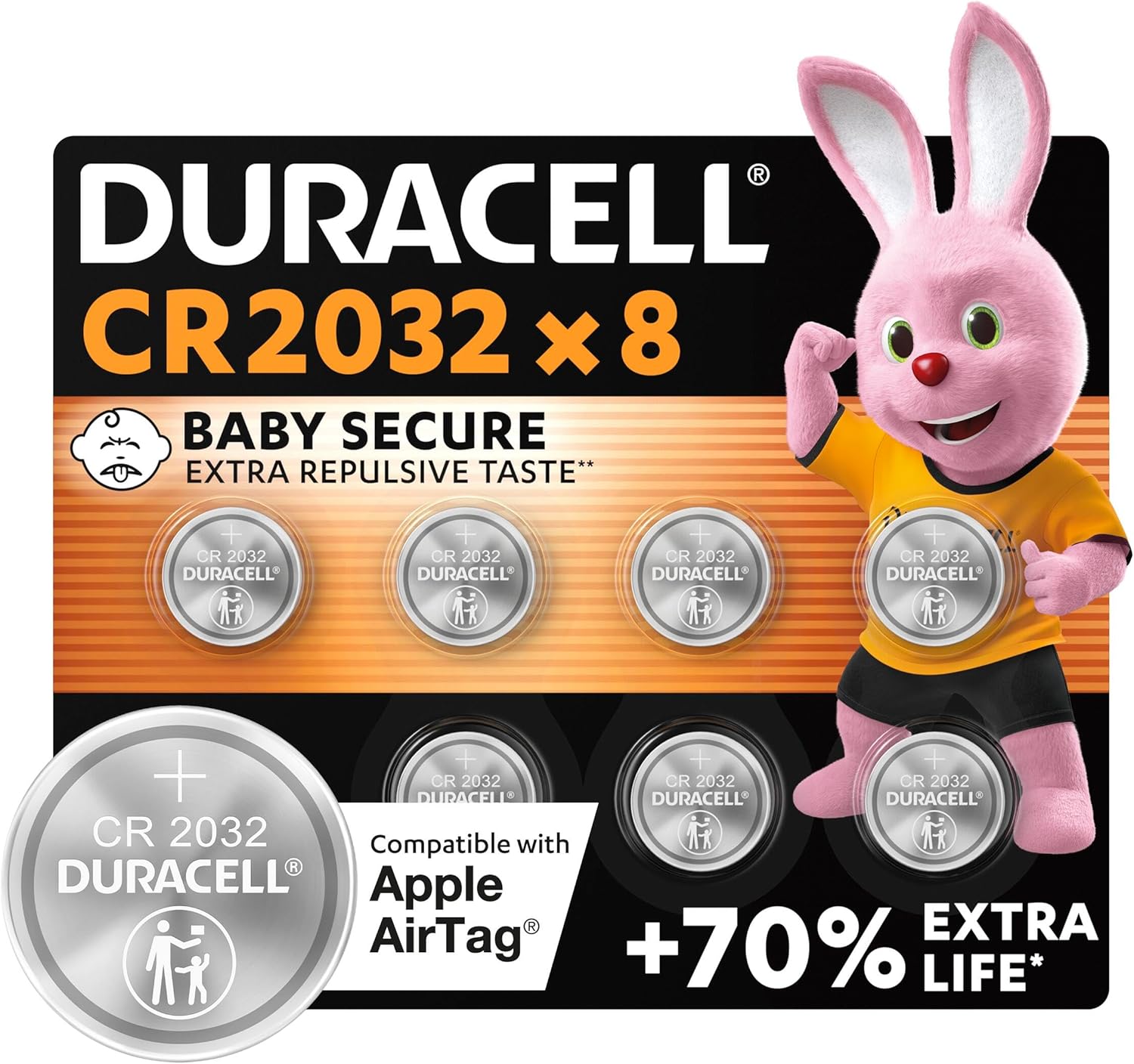 Duracell CR2032 pilas de botón de litio 3 V (paquete de 8) – Hasta un 70 % extra dura