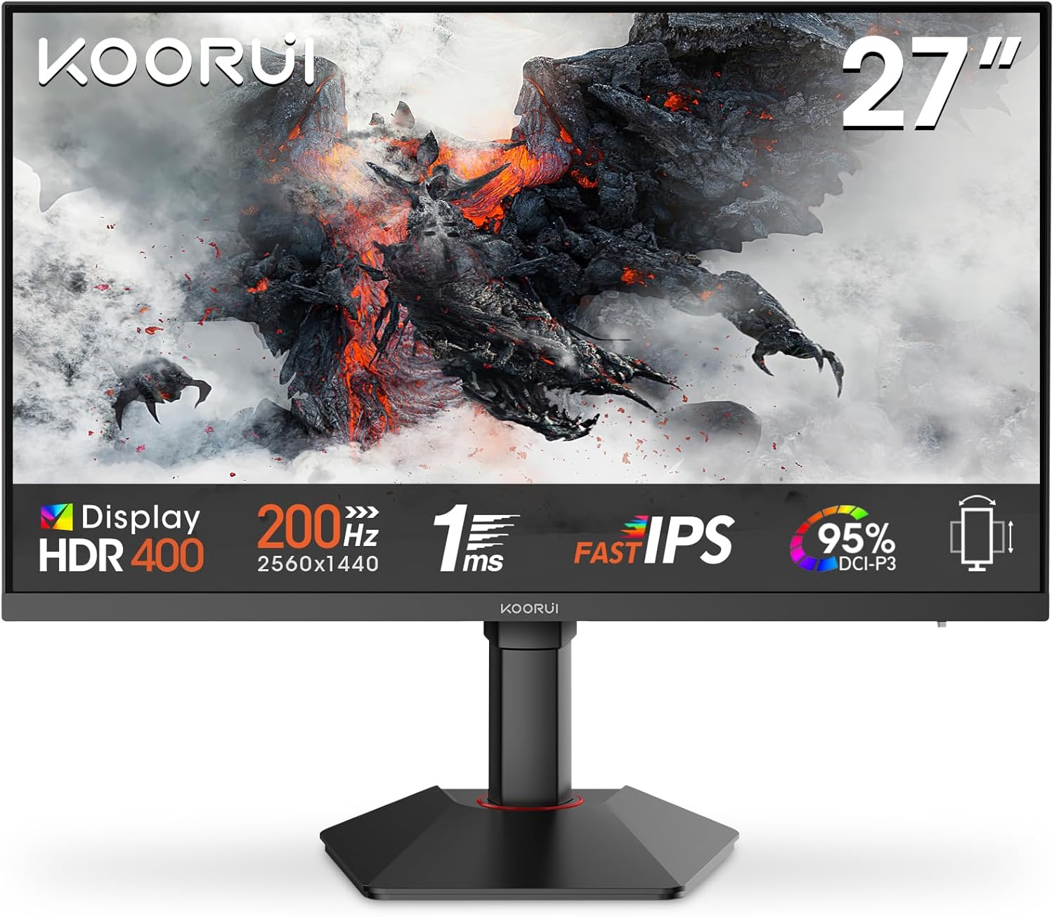 KOORUI G2722P Monitor Gaming 27 Pulgadas, 200Hz, Fast IPS, 1ms, Altura Ajustable, QHD