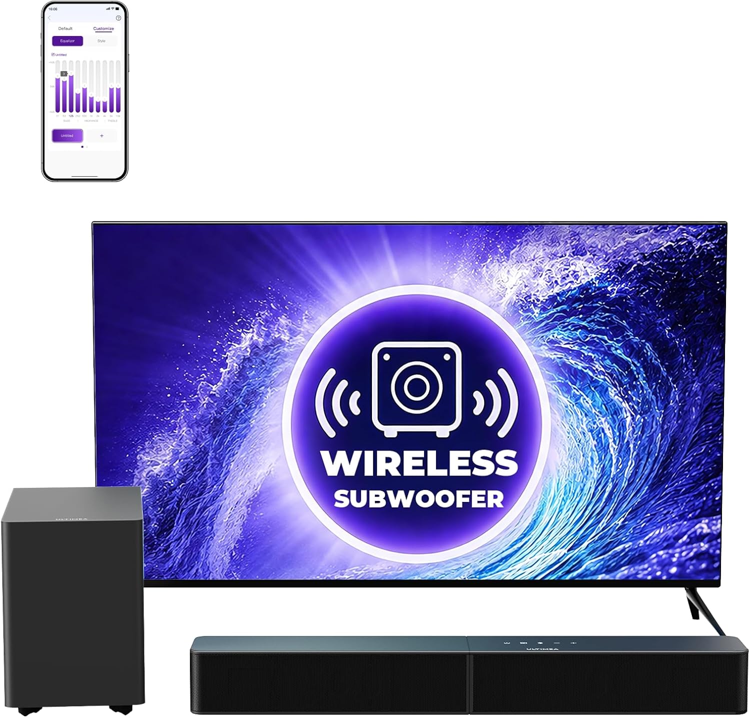 ULTIMEA Barra de Sonido 2.1 con Subwoofer Inalámbrico, Control por App, VoiceMX y Bas