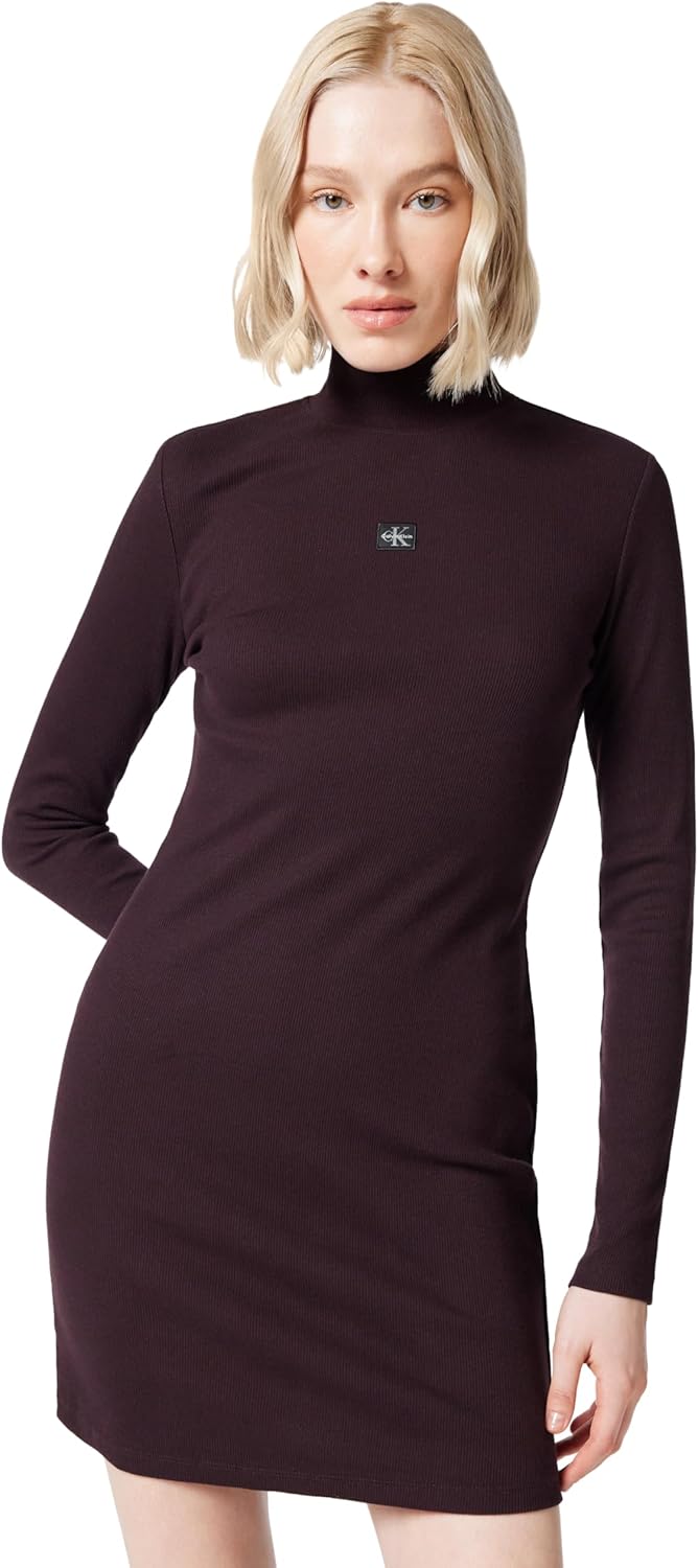 Calvin Klein LS Woven Label 2X2 Rib Mini DRES Lv047E204G Vestidos, Purple (Mocha Brow
