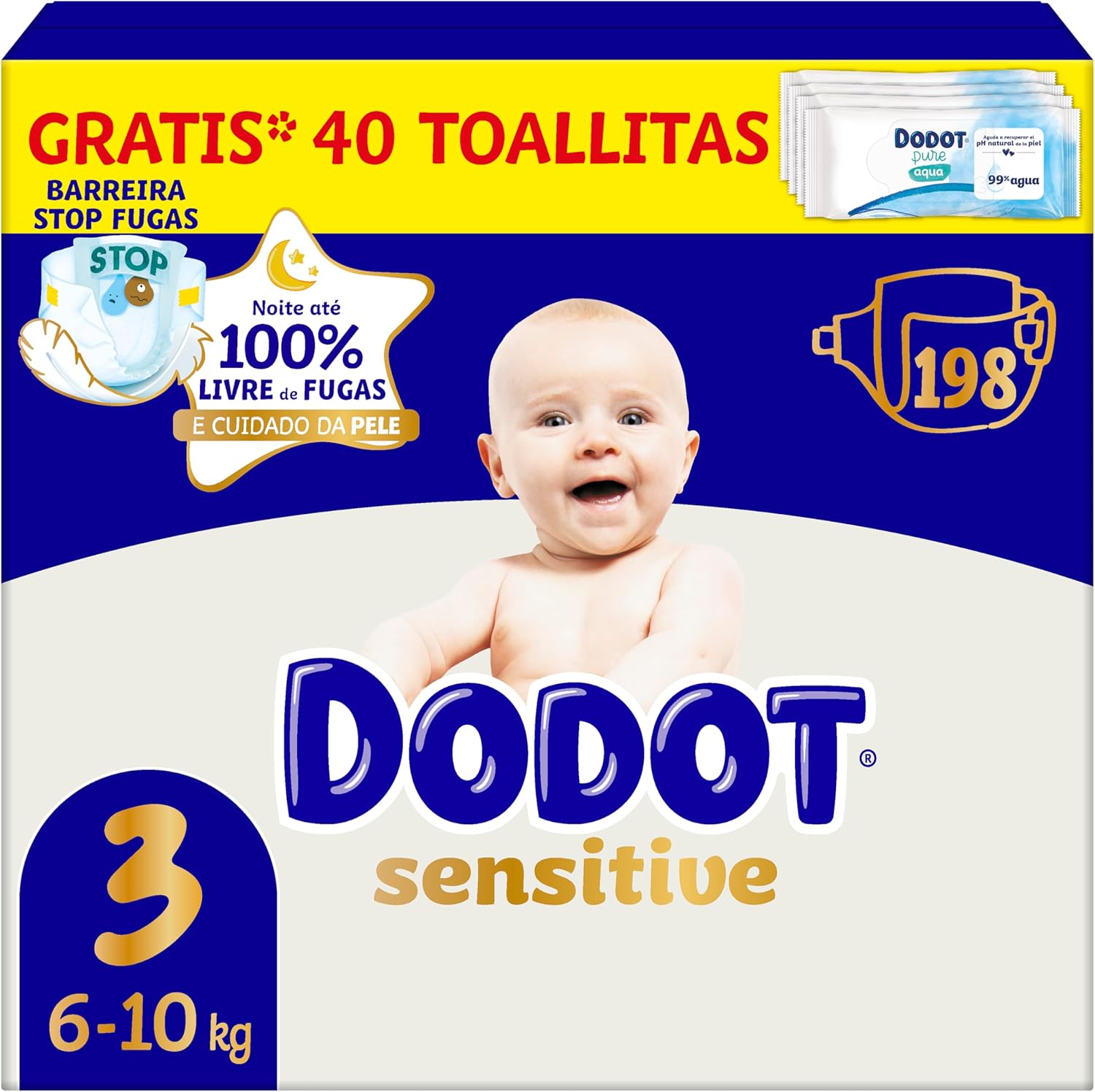 Dodot Pañales Bebé Sensitive, Talla 3 (6-10 kg), 198 Pañales   Regalo de 40 Toallitas