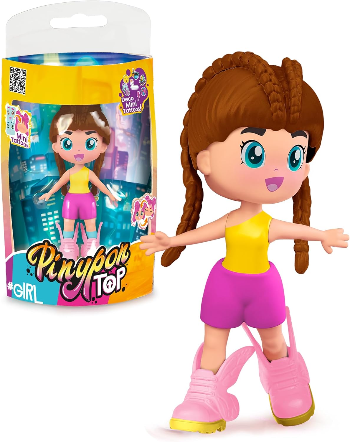 Pinypon TOP Girls Brunette, Chica TOP Morena con Outfit de Street Style, Figura de 11