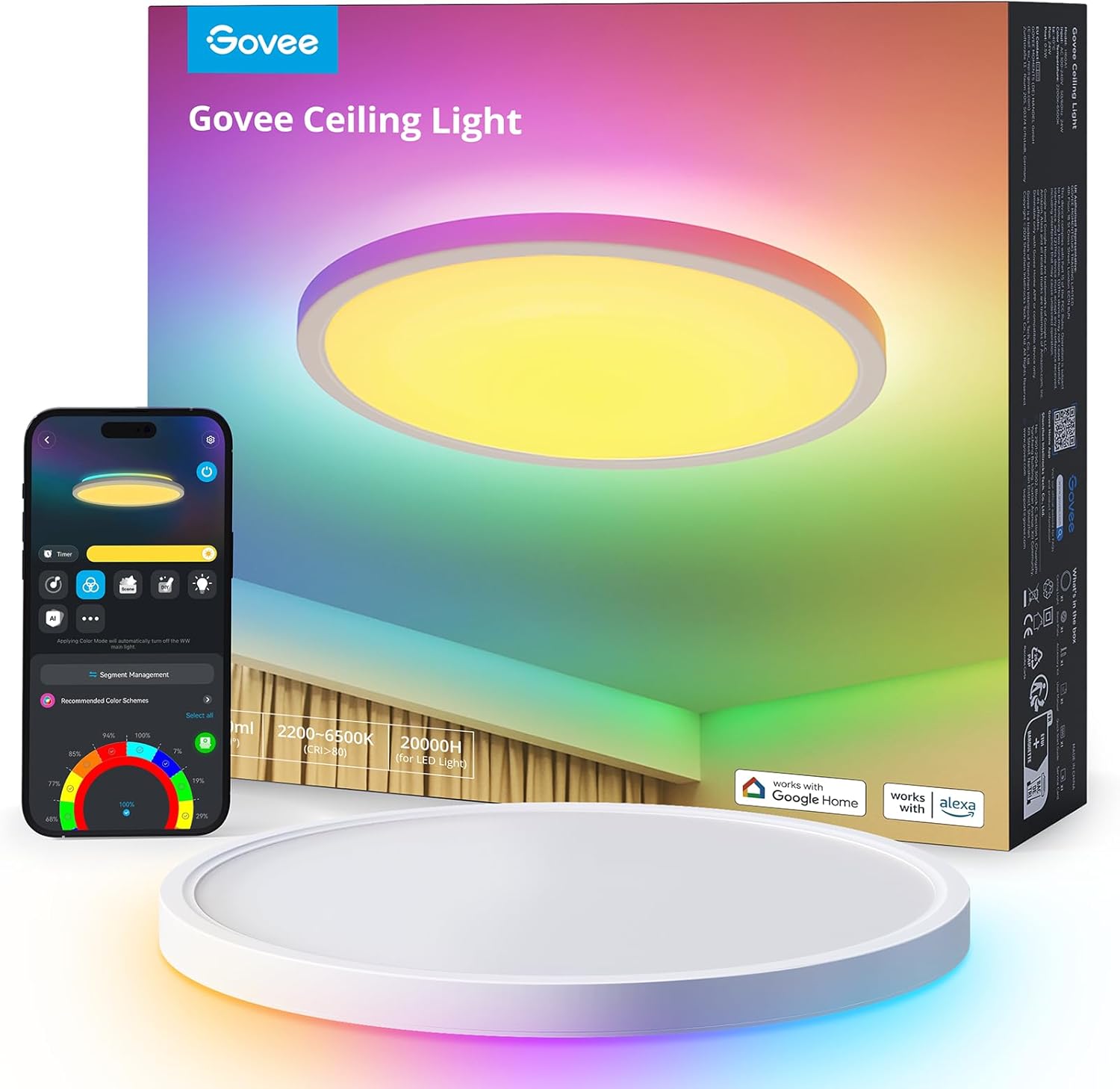 Govee RGBIC LED Plafón,30cm Lámpara Techo Inteligente 24W, Plafon Led Techo 2400LM co