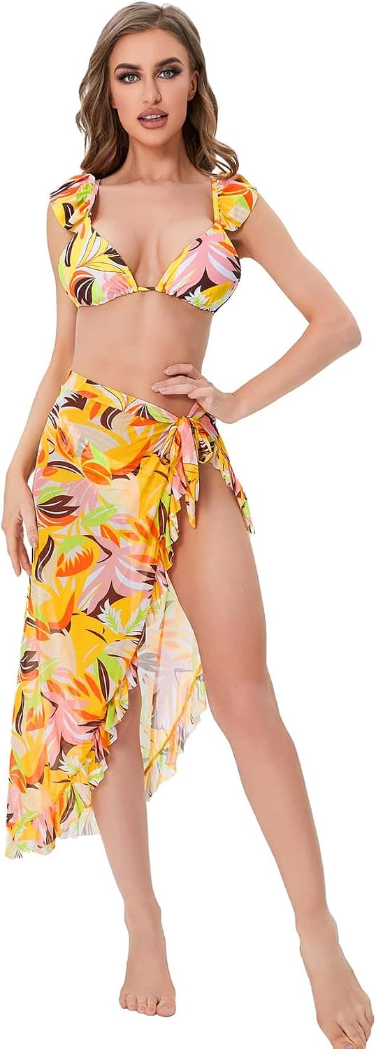 Traje de baño de 3 piezas para mujer, diseño floral, bohemio, con volantes, triángulo