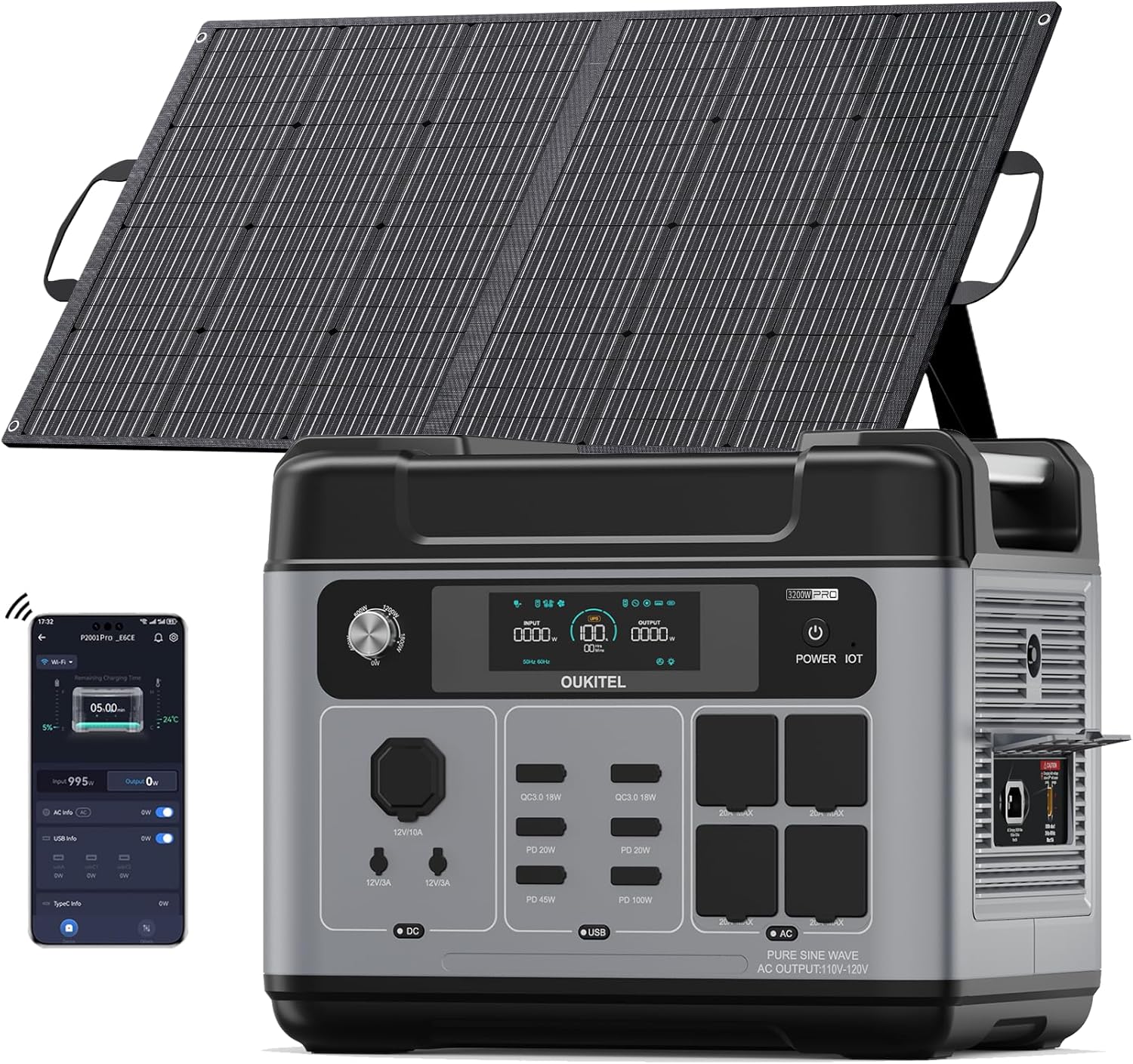 OUKITEL 3200W Generador Solar con Panel 100W, 2048Wh Estación de Energía Portátil, Ca
