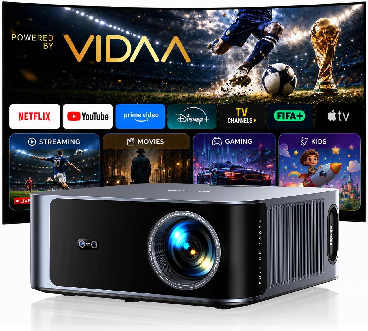 Proyector 4K【Alto Brillo 2000ANSI/VIDAA SO más rápido/40W Dolby Audio】Proyector Netfl