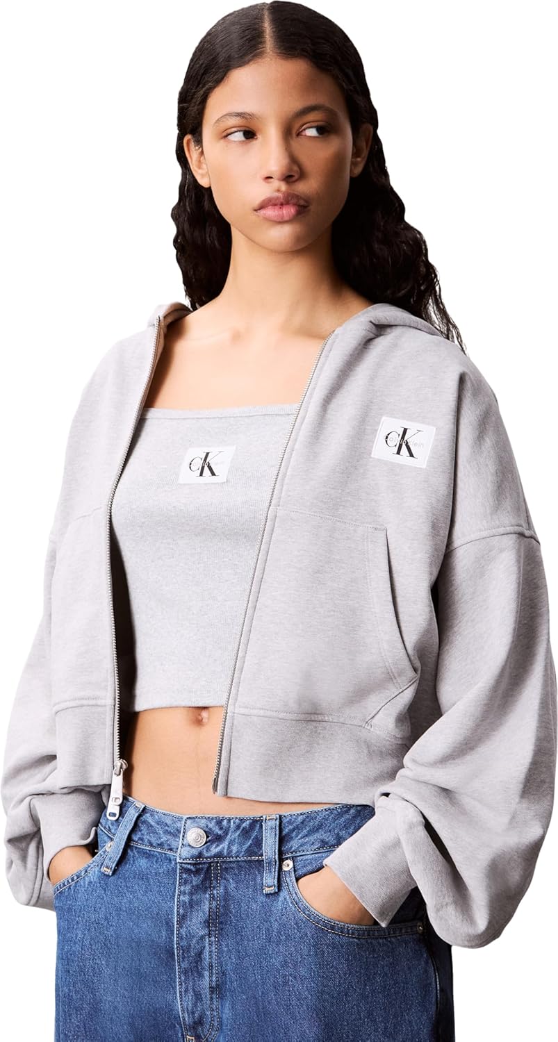 Calvin Klein Sudadera Mujer French Terry Badge Logo de algodón, Gris (Bc06 Grey Heath