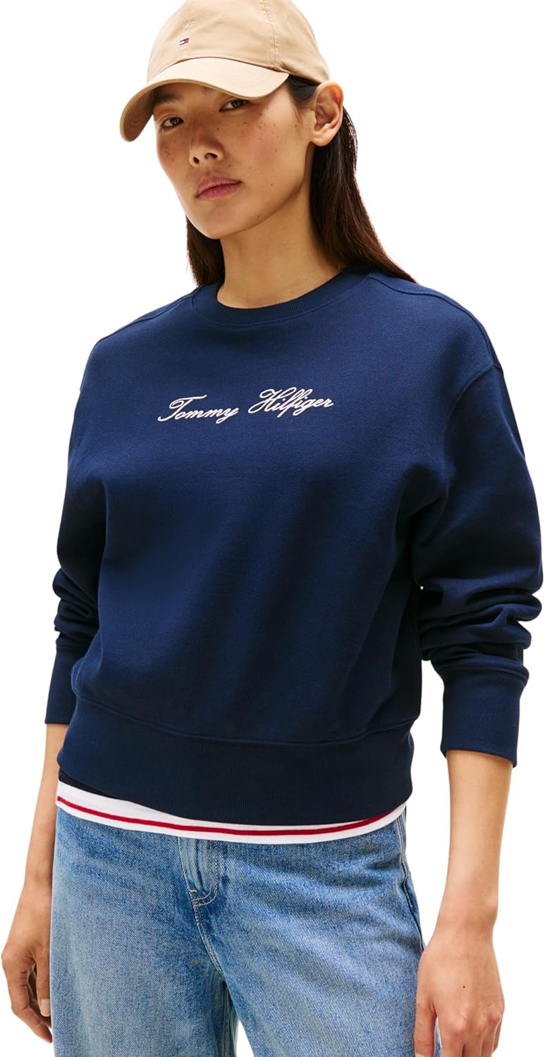 Tommy Hilfiger Sudadera Mujer Lurex Script con Cuello Redondo, Azul (Dark Night Navy)