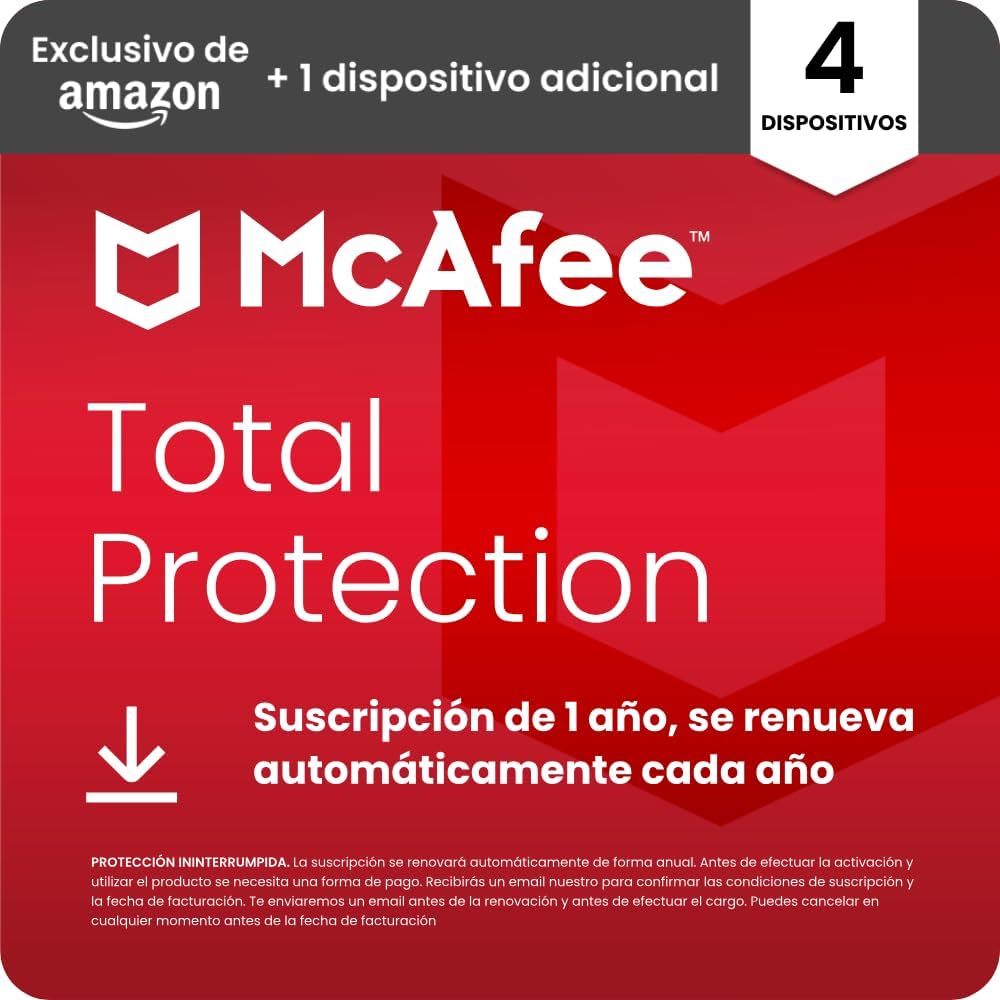 McAfee Total Protection para 4 más 1 Dispositivos adicional 2026 | Antivirus, VPN, el
